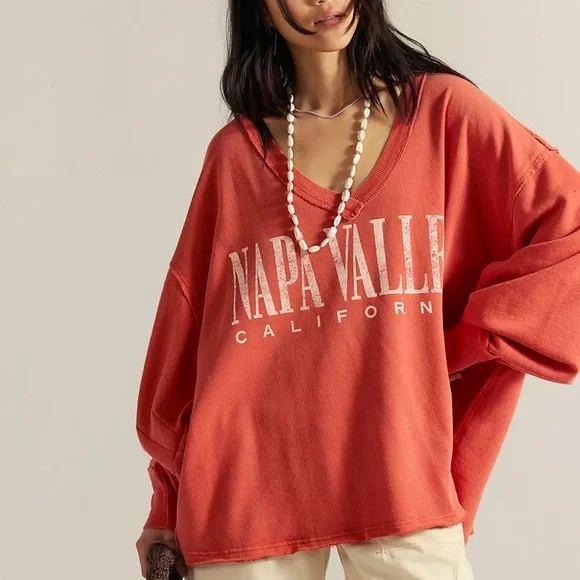 FREE PEOPLE VENICE V NECK PULLOVER NAPA VALLEY GRAPHICS DARK ORANGE M L - Picture 2 of 5